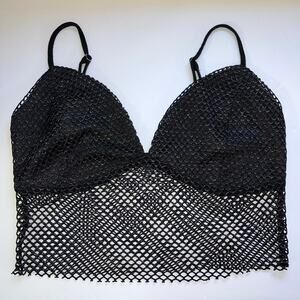 Emory Park Womens Miley Top Fish Net Crop Top Cami Sheer Black Silver Medium
